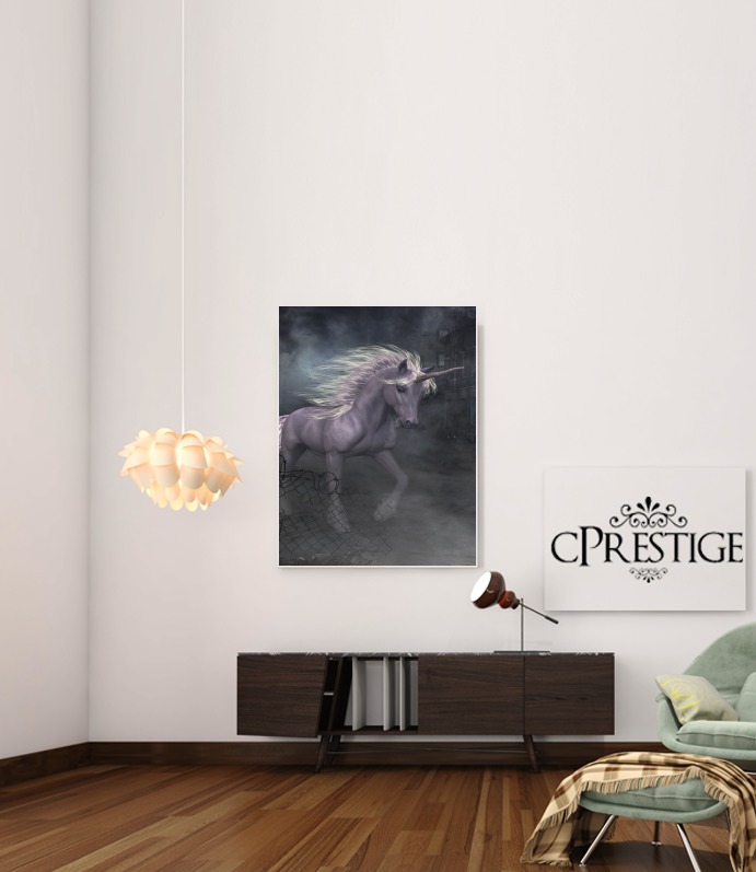  A dreamlike Unicorn walking through a destroyed city voor Bericht lijm 30 * 40 cm