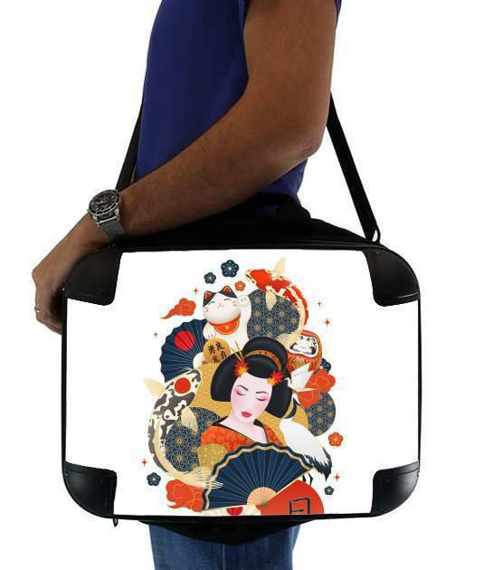  Japanese geisha surrounded with colorful carps voor Laptoptas